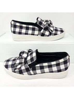 Michael Kors Willa Womens 6.5 Slip On Sneakers White Black Checkered Gingham Bow